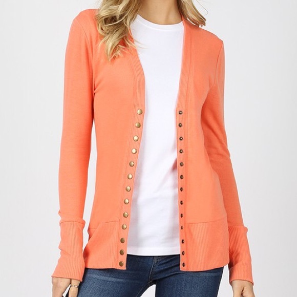 Deep Coral Snap Button Cardigan Ribbed Sweater - Picture 2 of 2